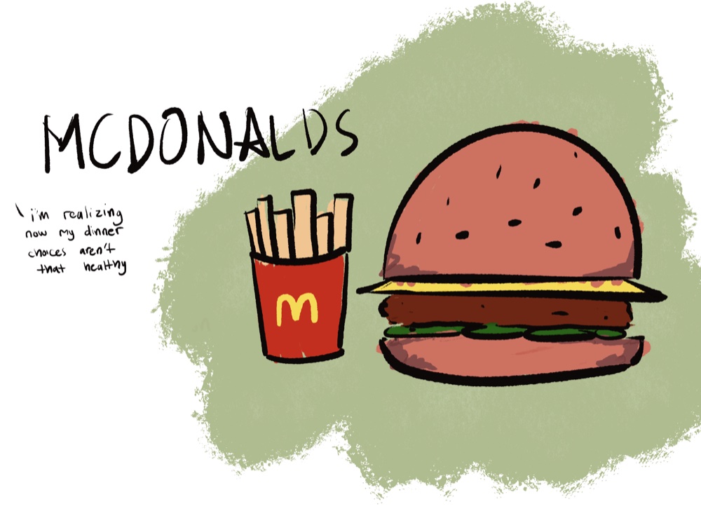 Illustration of a McDonald's burger and fries, captioned about unhealthy dinner choices