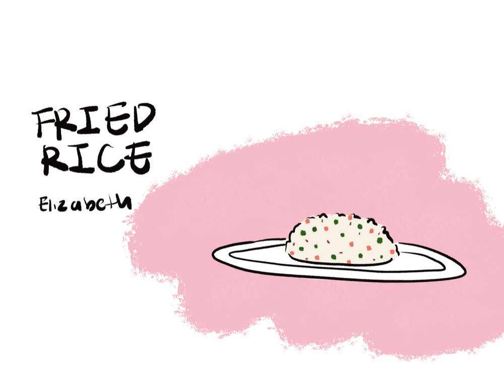 Illustration of a plate of fried rice, labelled 'Fried Rice — Elizabeth'