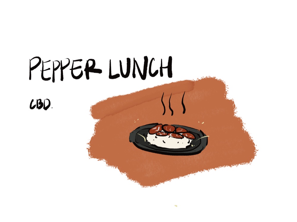 Illustration of a steaming Pepper Lunch hot plate of rice and meat
