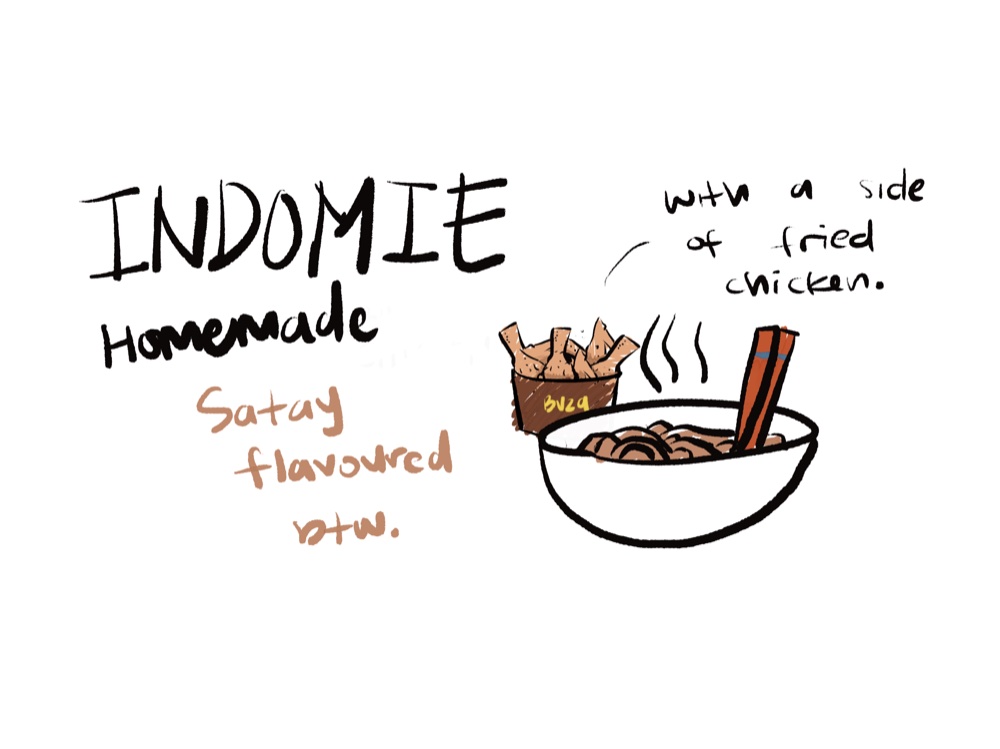 Illustration of homemade satay-flavoured Indomie noodles with a side of BUZA fried chicken