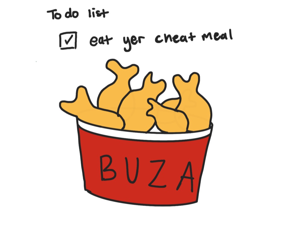 Illustration of a bucket of BUZA fried chicken, captioned 'To do list: eat yer cheat meal'