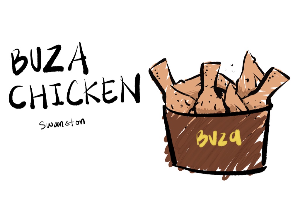 Illustration of a bucket of fried chicken, titled 'Buza Chicken — Swanston'