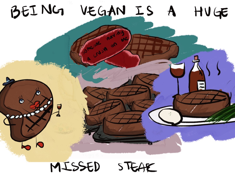Illustrated steak characters next to a plated steak dinner, captioned 'Being vegan is a huge missed steak'