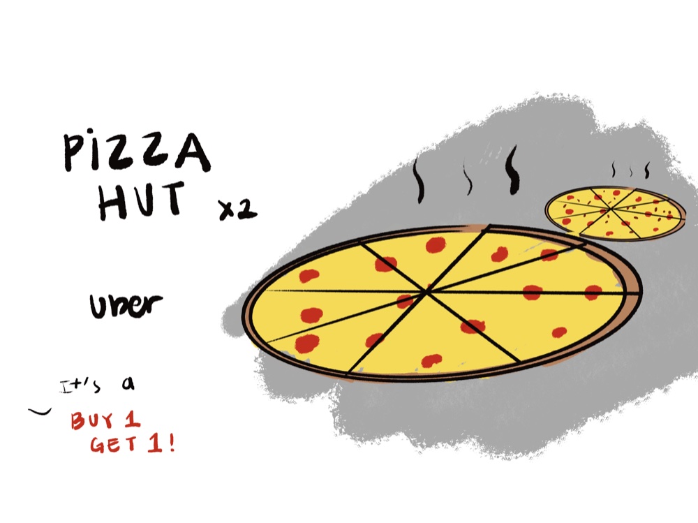 Illustration of two pepperoni pizzas, titled 'Pizza Hut x2 — Uber, buy one get one'