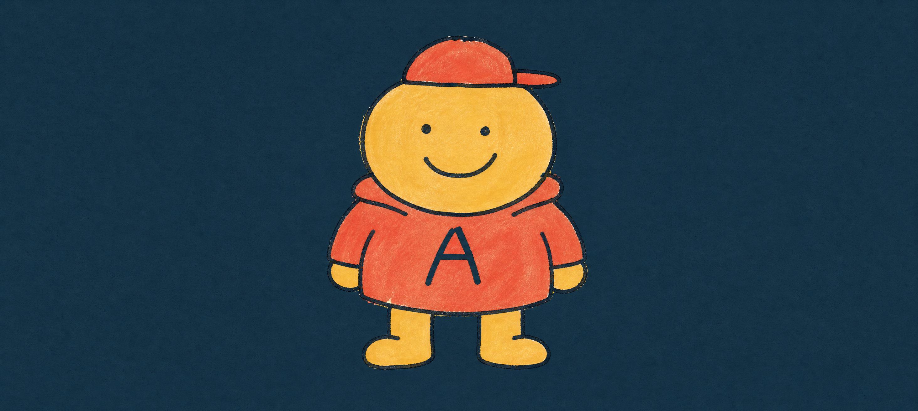 Final character design: a round yellow mascot in a red hoodie and cap with the letter A